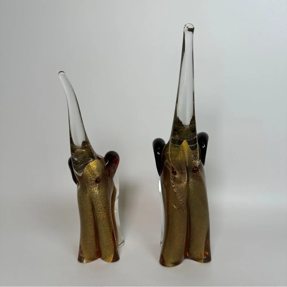 SIGNED Pair‎ of Vittorino Zane Murano Glass Elephants Gold Flecks Mama & Baby